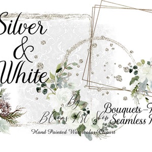 Buquês de poinsétias aquarela floral prata e branca, molduras com glitter prateado, fundo branco, papel sem costura. WC280