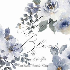 Dusty Blue Watercolor Flowers Clipart Floral DIY Card Watercolor Clipart Seamless Paper Scrapbooking. WC495