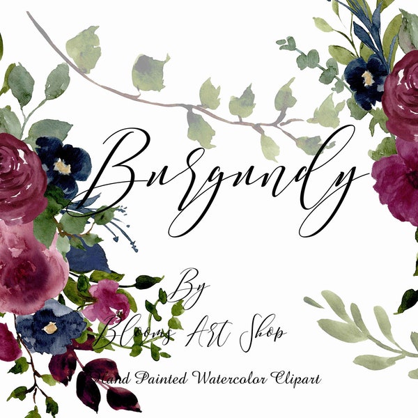 Burgundy Fall Rose Invitation Clipart, Wine Burgundy Rose Bouquets, Dark Plum Flowers. WC265