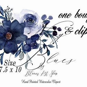 May include: Watercolor clipart of a bouquet of blue and purple flowers. The bouquet is 7.5 inches by 10 inches. The text "one bouquet & clipart" and "Blues by Blooms Art Shop" is included in the image.