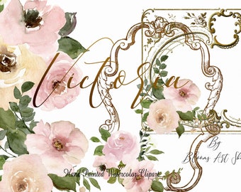Watercolor Clipart Victorian Wedding Floral Arrangement Set Pink Vintage Rose Bouquets DIY Invitation Kit Stationary. WC376
