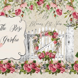 Garden Gate Vintage Inspired Pink Rose Flower Wreath Floral Border. WC90