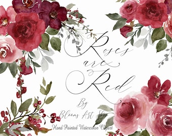 Red Rose Floral Clipart: Peony Hand Painted Flower Graphics (Digital Download) WC513