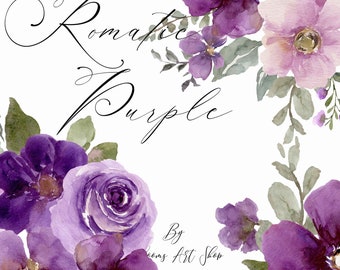 Purple Peony Rose Wedding Clipart, Hand Painted Rose and Digital Clipart Flowers, Digital Paper. WC562