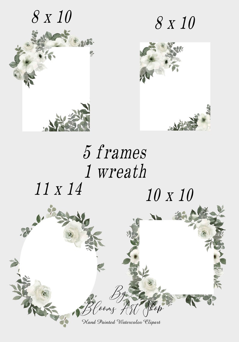 WC323 Sage and White Roses Wedding Rose Bouquets White Wedding Day Rose Seamless Paper Floral Thank You Note Frames and Wreath