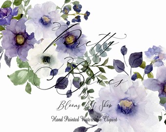 Watercolor Blue Peony Rose Clipart: Floral Scrapbook Graphics (Digital Download, 30 Pieces)