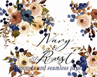 Rust Navy Floral Bouquets: Wedding Invitation DIY Kit (Digital Download) WC275