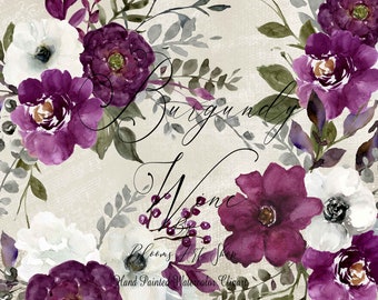 Purple Peony Clipart Bouquets, Hand Painted White Peonies Bouquets Wine Burgundy Flowers. WC389