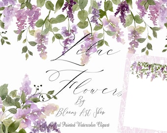 Watercolor Lilac Floral Clip-art Wedding Lilac Bouquets Seamless Lavender Lace Paper. WC437