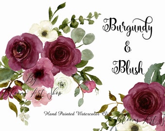 Watercolor Burgundy Peony Clipart, Wedding Pink Rose Flower, DIY Invitation Arrangement Clipart. WC283