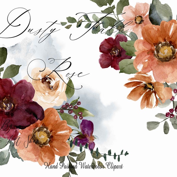 Watercolor Clipart Dusty Fall Bouquets Roses Dusty Orange Blush Flowers. WC438
