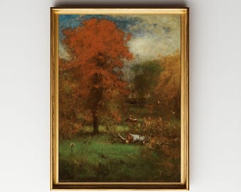 Vintage Autumn Elegance: Vintage Fall Painting – Timeless Landscape Wall Art.