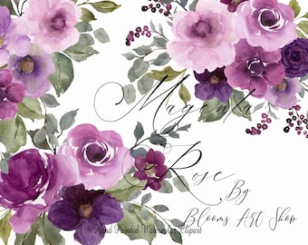 Watercolor Magenta Rose Clipart Pink Lilac Peony Wedding Invite Bouquet Designs. WC546