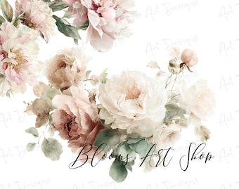 Romantic Peony Bouquet Clipart, Shabby Chic Floral PNG (Digital Download)
