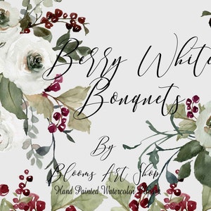 Clipart de Rosa Branca Buquês de Natal em Aquarela Branca Clip Art de Bagas de Azevinho de Inverno. WC400