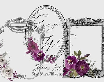 Watercolor Purple Peony Clipart Frames, Wine and White Peonies Bouquets Wine Burgundy Flowers. WC391