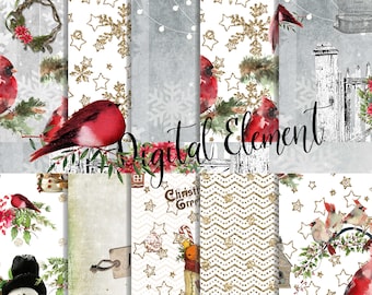 Digital Paper, Christmas Paper, Red Cardinal Paper, Christmas Scrapbook Paper, Holiday Scrapbook Background Paper. No. CHP205
