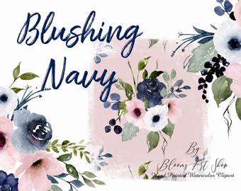 Navy Blue Rose Clipart Pink-Blue Floral, DIY Invite Clipart, Digital Download Seamless Papers, Commercial Use. WC317