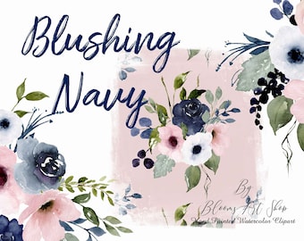 Navy & Pink Rose Watercolor Clipart Invitation Graphics (Digital Download)