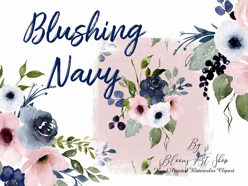 Navy Blue Rose Clipart Pink-Blue Floral, DIY Invite Clipart, Digital Download Seamless Papers, Commercial Use. WC317 image 1