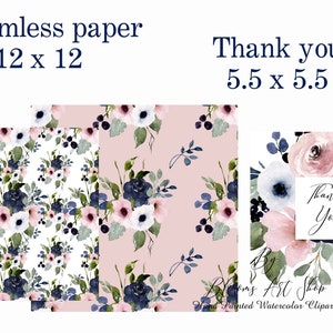 Navy Blue Rose Clipart Pink-Blue Floral, DIY Invite Clipart, Digital Download Seamless Papers, Commercial Use. WC317 image 3