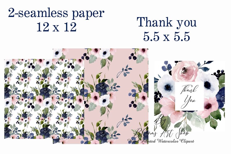 Navy Blue Rose Clipart Pink-Blue Floral, DIY Invite Clipart, Digital Download Seamless Papers, Commercial Use. WC317 image 3