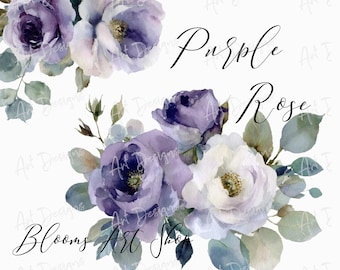 Moody Dusty Purple Blue Rose Bouquets | Vintage Floral Clipart (Digital Download)