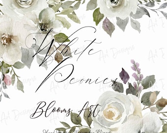 Watercolor White Peony Clipart: Rose & Floral Bouquets (Digital Download)