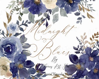 Navy Blue Peony Rose: Watercolor Flowers, Wedding Roses, Digital Floral Arrangements Wedding Clipart.