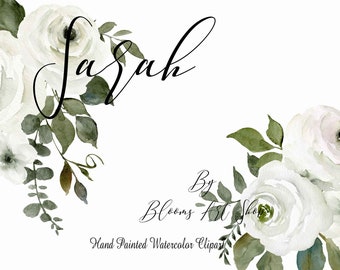 White Wedding Rose Invitation Clip art, Hand Drawn Watercolor White Rose Clipart Bouquets. WC373