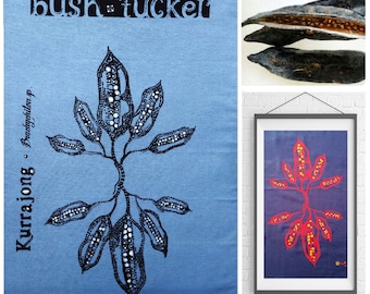 australian aboriginal art teatowel handpainted & screenprinted * frameable bushtucker tea towel