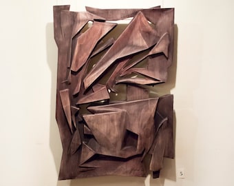 Wood wall art, US Delivery Duty Paid, "Poligons I" Bas-relief, Wooden sculpture, Modern geometric sculpture, Cubist wall relief