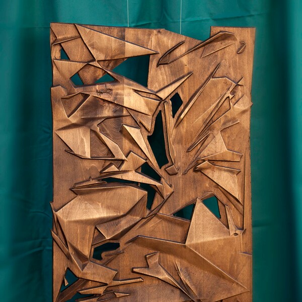 Wood wall art, home decor, bas-relief sculpture, wood carving "Geometric state"