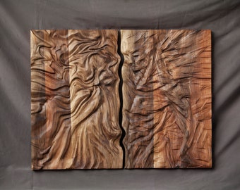Walnut Wall sculpture, US Delivery Duty Paid, "Coniunctio" Woodcarving, Abstract Expressive relief wall sculpture, Wood wall art