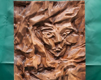 Original artwork, Wood Wall Art, bas-relief sculpture, "Behind the curtain"