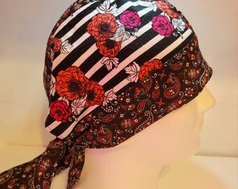 Durag Doorag Gothic Floral and Paisley Dew Rag Head Wrap  Hair Cover Biker Bandana Cap Black Hat Women's Headwrap