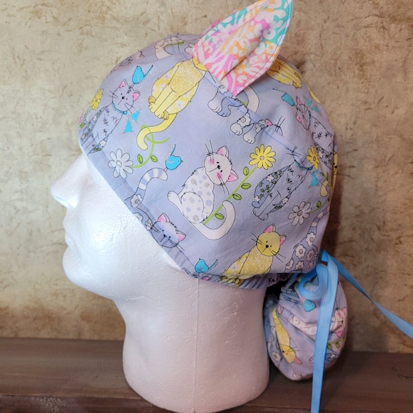 Ponytail or Bun Scrub Cap Kitty Ears Cats on Light Blue Print Cotton One Size Scrub Hat