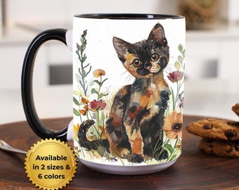 Tortoiseshell Cat Mug: Watercolor Floral Kitten Coffee Cup