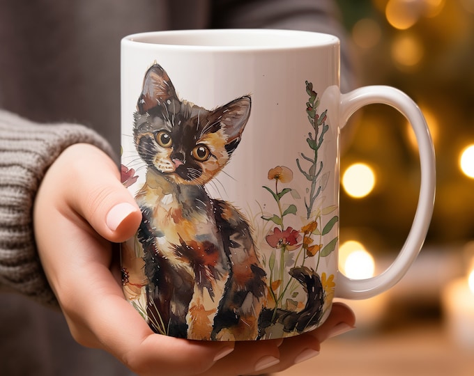 Watercolor Tortoiseshell Cat Mug, Floral Cat Lover Coffee Cup, Unique Cat Gift, Garden Cat Art Mug, Hand-Painted Style Cat Lover Gift