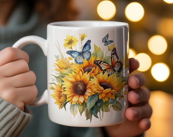 Floral Butterfly Mug, Sunflower and Blue Yellow Butterflies Coffee Cup, Nature Inspired Drinkware, Garden Lover Gift Idea, Water Colored Mug