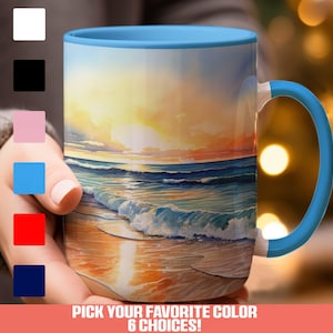 Sunrise Beach Art Mug: Ocean Waves Coffee Cup, Coastal Decor