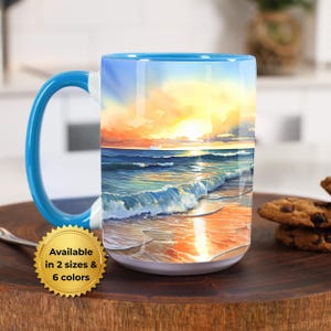 Sunrise Beach Art Mug: Ocean Waves Coffee Cup, Coastal Decor