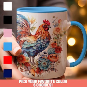 Floral Rooster Mug: Colorful Farmhouse Kitchen Decor, Animal Art Coffee Cup