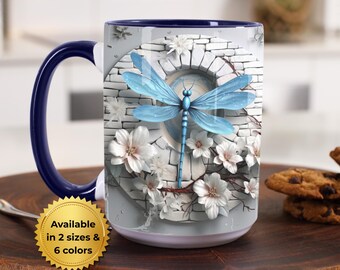 Dragonfly Coffee Mug with Blue Floral Nature Artwork