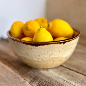 Peut inclure: Un bol en céramique moucheté de forme ronde avec un bord brun foncé, rempli de plusieurs citrons jaune vif. Le bol présente une base texturée blanc cassé avec des taches sombres visibles dans l'émail, contrastant avec les fruits.
