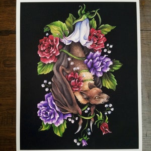 Forbidden Fruit Bat Archival Print - Watercolor Painting - Bat Art - Fine Art Print - Flower Painting -