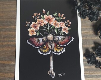 Impresión de polilla y hueso - Arte de polilla - Arte oscuro - Surrealismo oscuro - Acuarela - Impresión de bellas artes - Arte floral