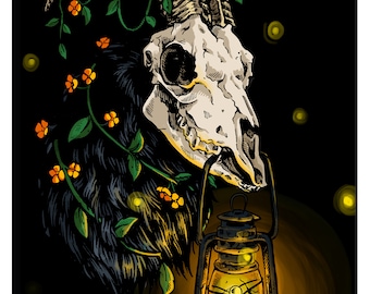 Darksome Summer Darkness Art Print - Arte Oscuro - Surrealismo Oscuro - Spooky - Cráneo de Cabra - Arte de Cabra - Arte de Halloween - Horror