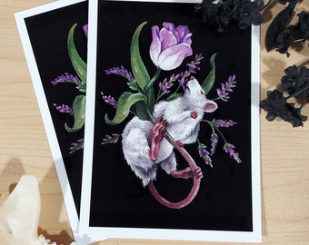 Impresión de sueños de lavanda - Arte de la flor del ratón - Arte oscuro - Surrealismo - Rata - Tulipán - Acuarela - Impresión de bellas artes
