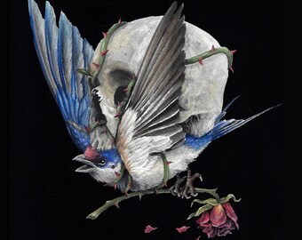 Impresión Burden II - Arte Oscuro - Surrealismo Oscuro - Acuarela - Pájaro - Impresión de Bellas Artes - Calavera - Surrealista